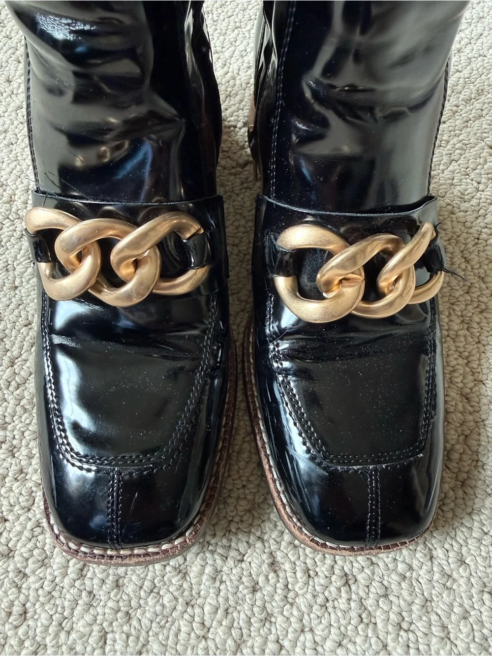 Steve Madden Black Patent Ankle Boots with Gold Chain Accent